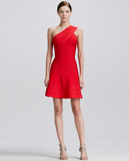 Herve Leger Red Short One Shoulder Skirted Tight Dress